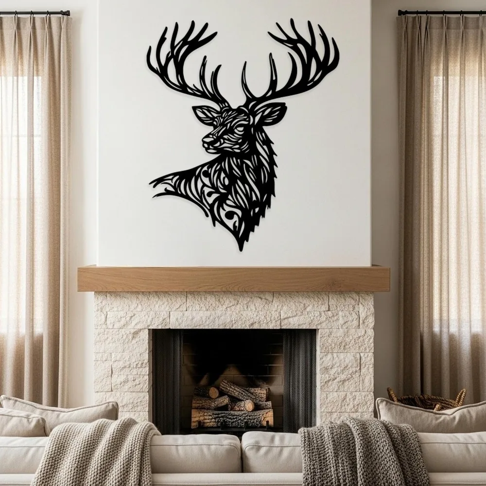 Flat Deer Head Metal Wall Art, Iron Silhouette, Rust‑Resistant Vertical Large Stag Decor, Rustic Above‑Fireplace Ornament