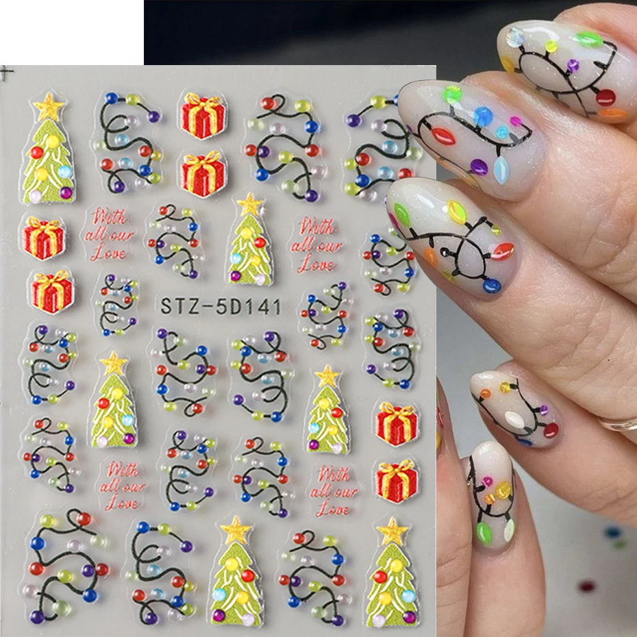 1/2 قطعة شرائط ضوء عيد الميلاد الملونة مسمار الفن ملصقات شجرة عيد الميلاد الخضراء مع الشارات هدية حمراء DIY بها بنفسك مانيكير نصائح الديكور