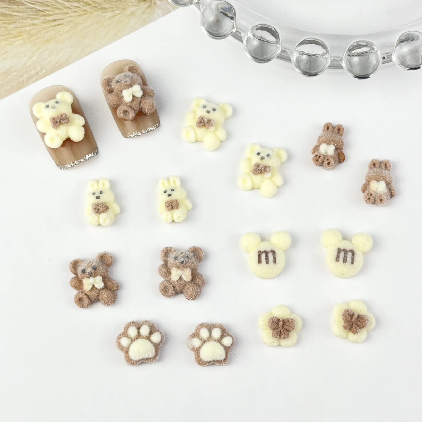 20pcs miniso fluffy bear cartoon nail charms for diy nail making kawaii cute resin nail art decoreation