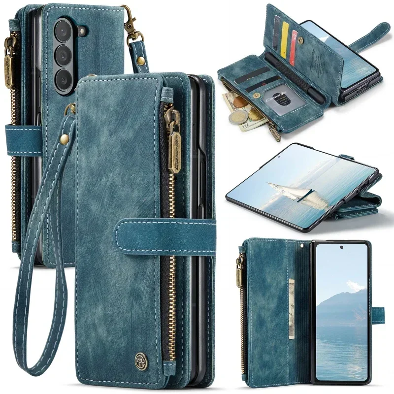 

Leather Zipper Purse Phone Case for Samsung Galaxy Z Fold 7 6 5 4 5G Fold7 Fold6 Fold5 Fold4 Lanyard Wallet Card Slot Cover Etui