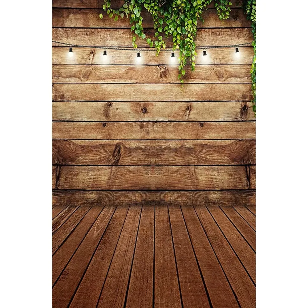 Brown Wooden Wall Photography Backdrop Cloth Green Leaves Bulbs Vintage Wedding Party Photo Booth Backgrounds Wood Floor