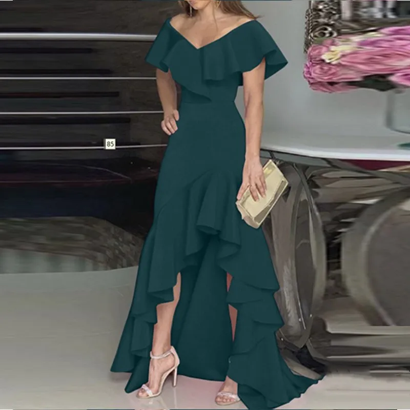 Ruffle Gown Asymmetrical Hem Full Skirt Commuter Chic with Suitable for Party V Neck Dress Summer Suitable for Wedding for Women