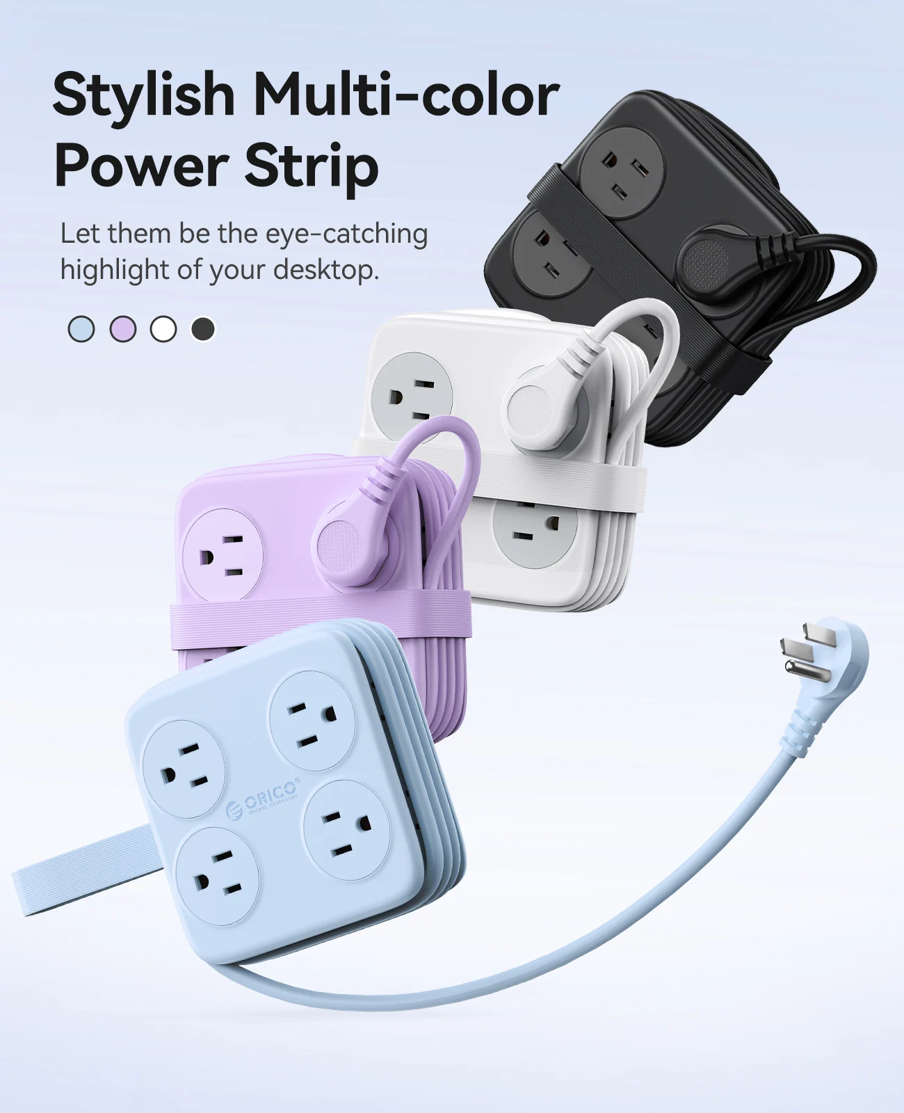 ORICO Portable Power Strip Cord Winding Design 4 AC Outlets 2USB-A 1USB-C 45° Thin Flat Plug Charge 11 Devices Travel Electronic