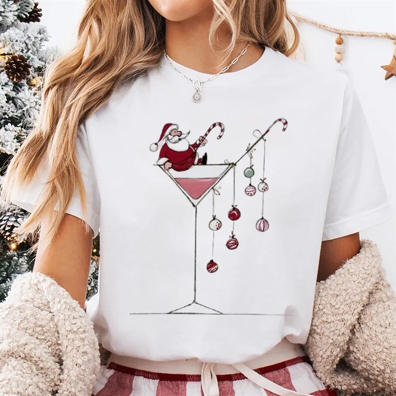 عيد الميلاد الزجاج سانتا كلوز المطبوعة نمط قصيرة الأكمام لطيف الملابس عارضة المرأة السنة الجديدة تي شيرت نمط س الرقبة تي شيرت كامل #1