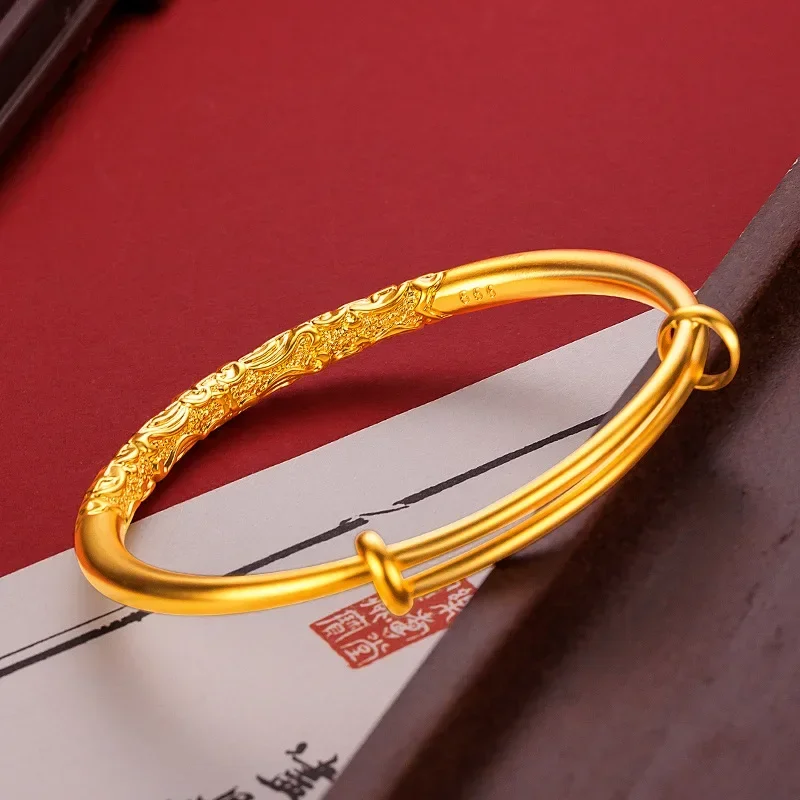 

9999 Real Gold 24K Fine Sand Bauhinia Roll Grass Pattern Bracelet Retro National Style Engraved Plain Ring Push-pull