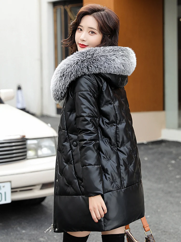   Ning-abrigo de piel auténtica para mujer, Jaet de piel auténtica, de longitud media, con cuello de piel, Sli Commute Sle Long Sve