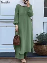 Muslim Women Tracksuits Turkey Abaya Set Elegant Long Shirt and Wide Leg Pants Suits ZANZEA Eid Abayas Outfits Isamic Clothing