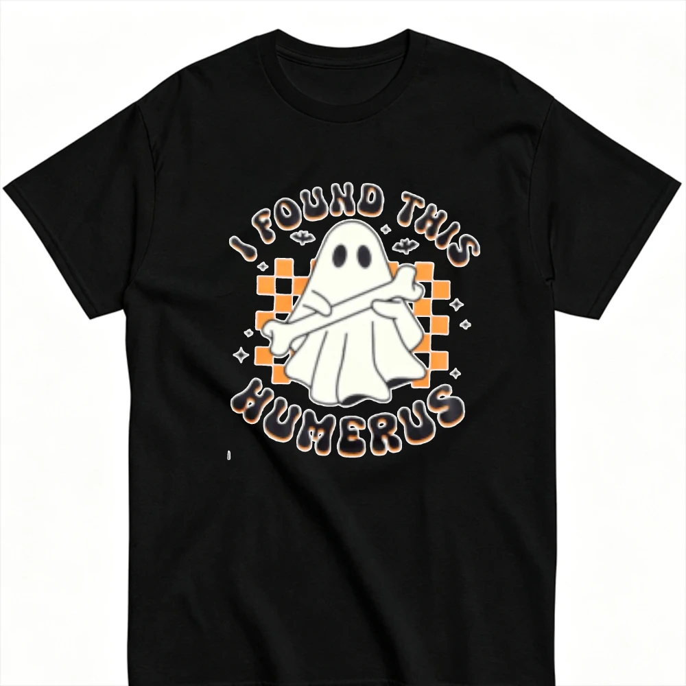 Halloween I Found This Humerus Graphic T‑Shirt Funny Ghost Bone Checkerboard Grid Bat Humorous Spooky Season Print Casual Tees