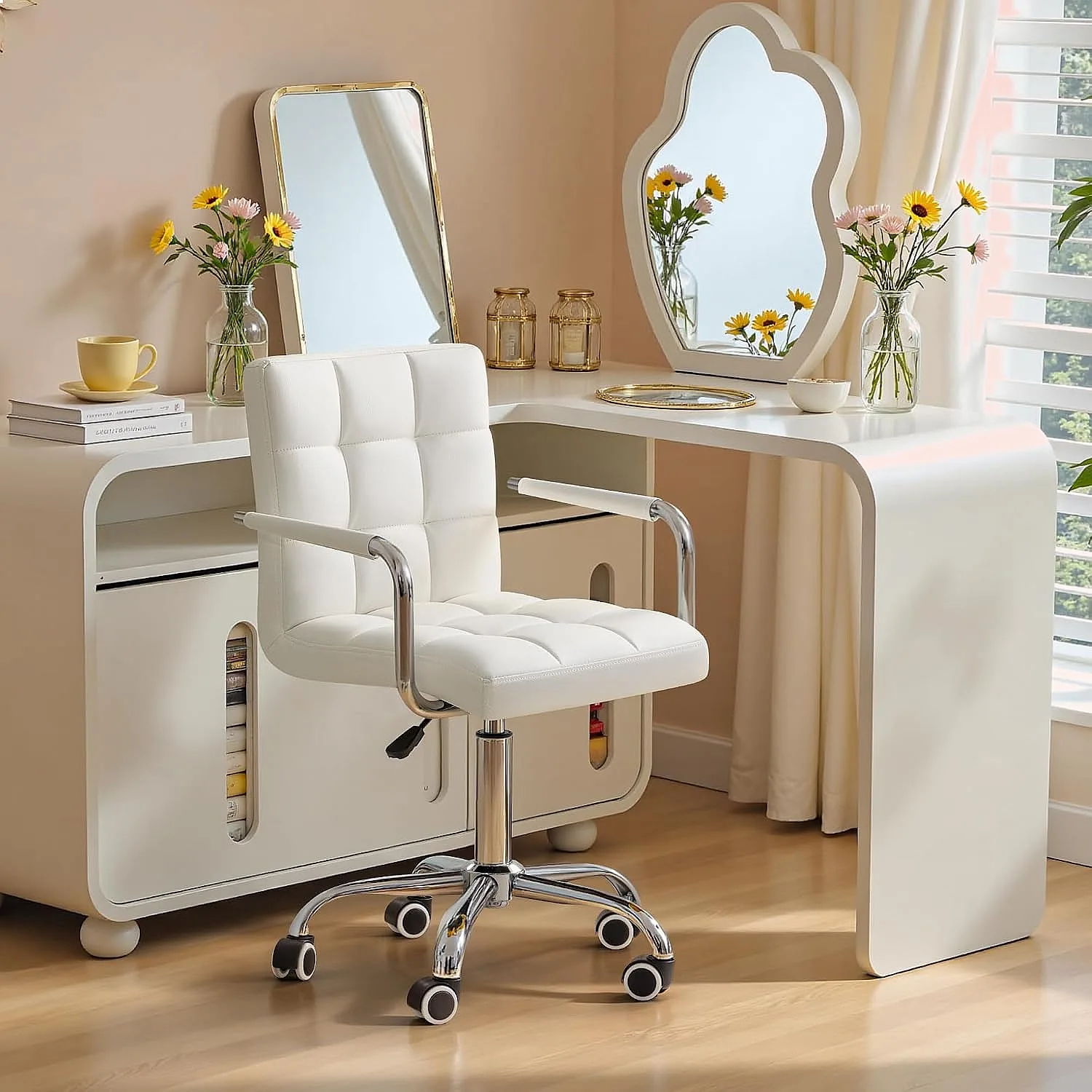 Furmax Vanity Office Chair with Wheels, PU Leather Adjustable Swivel Desk Chair White
