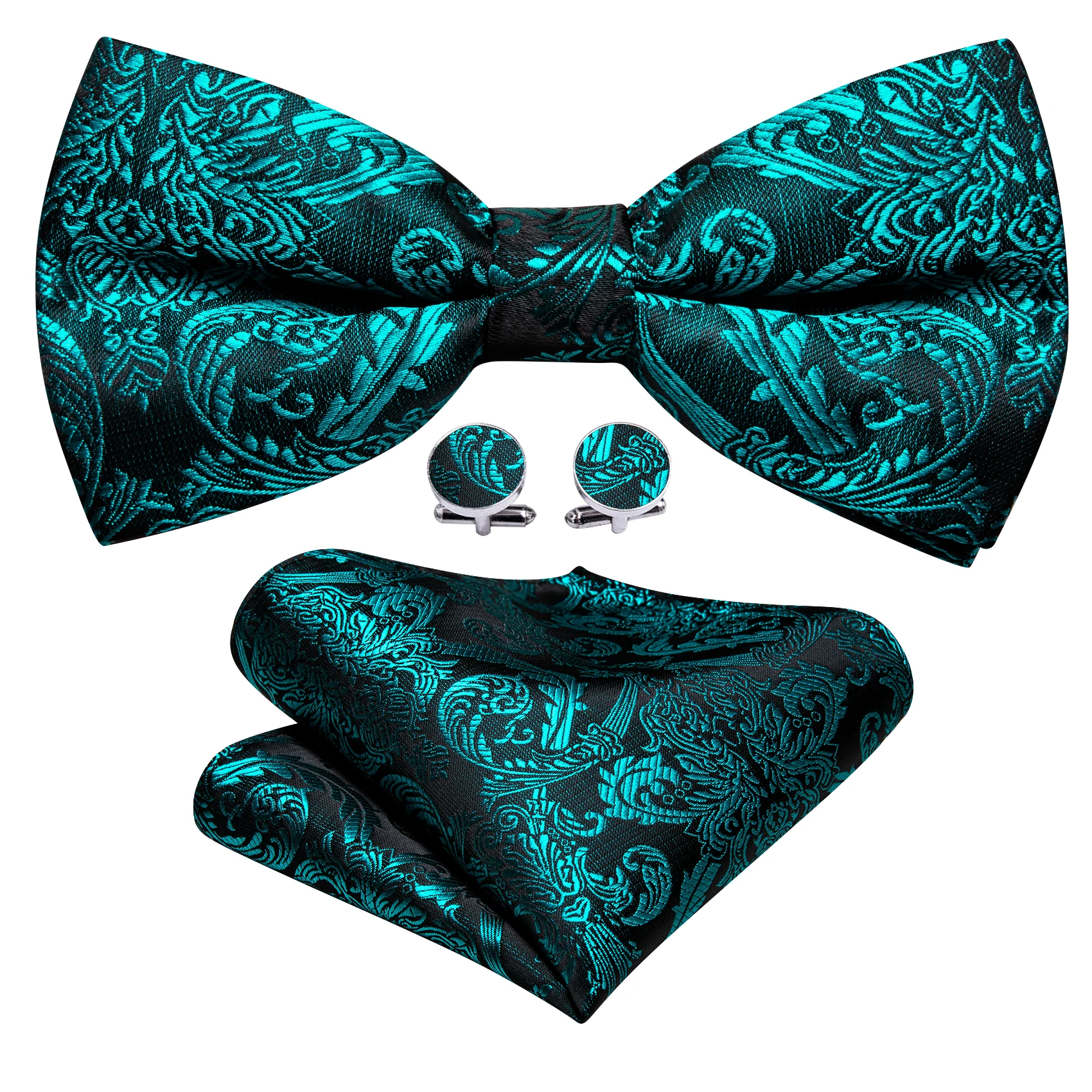Barry.Wang Jacquard-Herren-Fliege, goldenes Blaugrün, grünes Paisley, solide, vorgebundene Fliege, Einstecktuch, Manschettenknöpfe-Set, Vorhochzeitsfeier