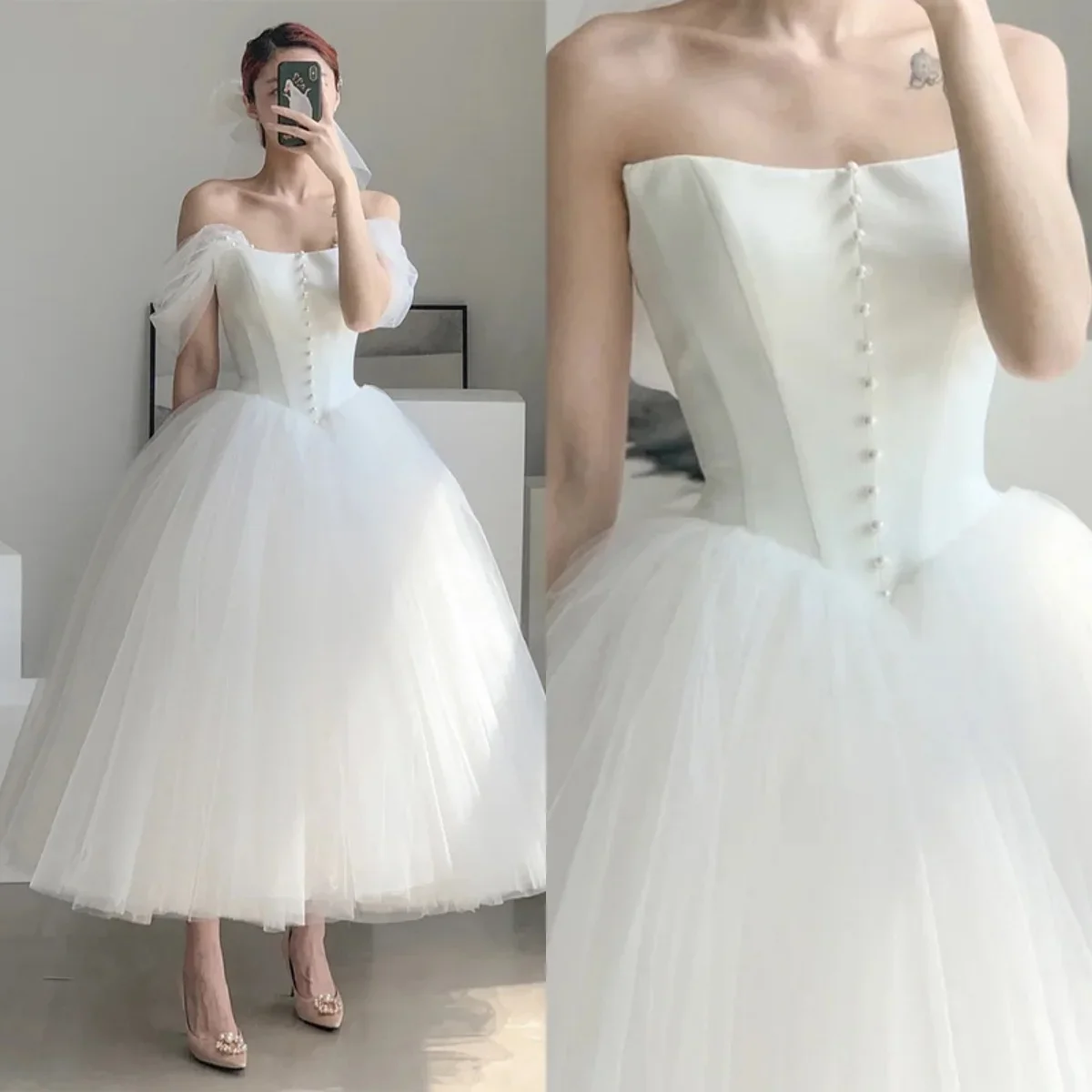 

It's Yiiya Evening Dress White Satin Tulle Button Strapless Lace up A-line Ankle-length Plus size Women Party Forma Gown A3096