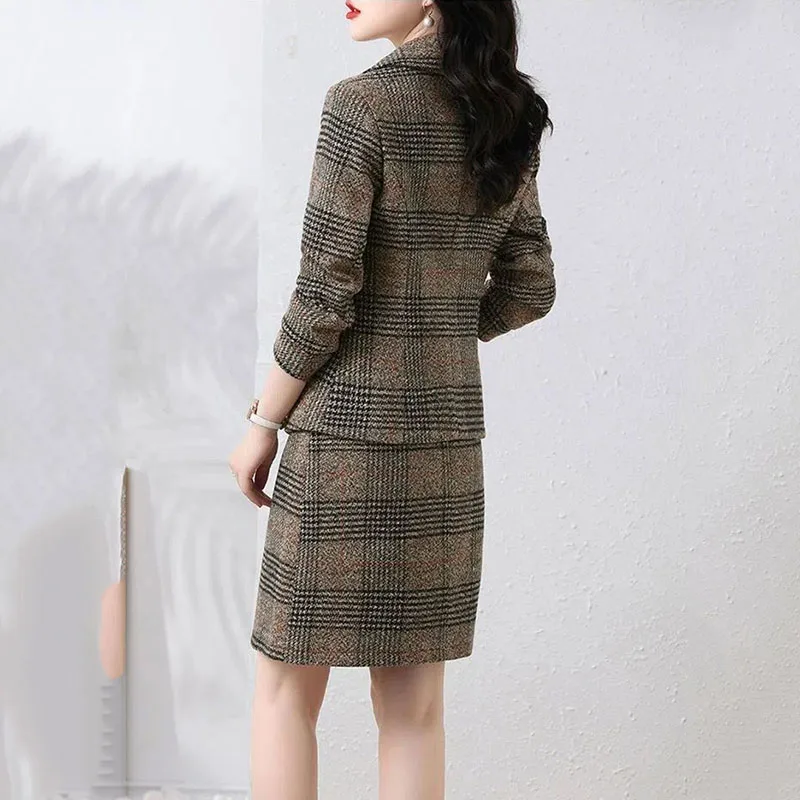 Winter Women Plaid Blazer Skirt 2 Piece Sets Thick Top Coats Suit Elegant Work Mini Jupes Outfits Plus Size 4xl Unlined Conjunto