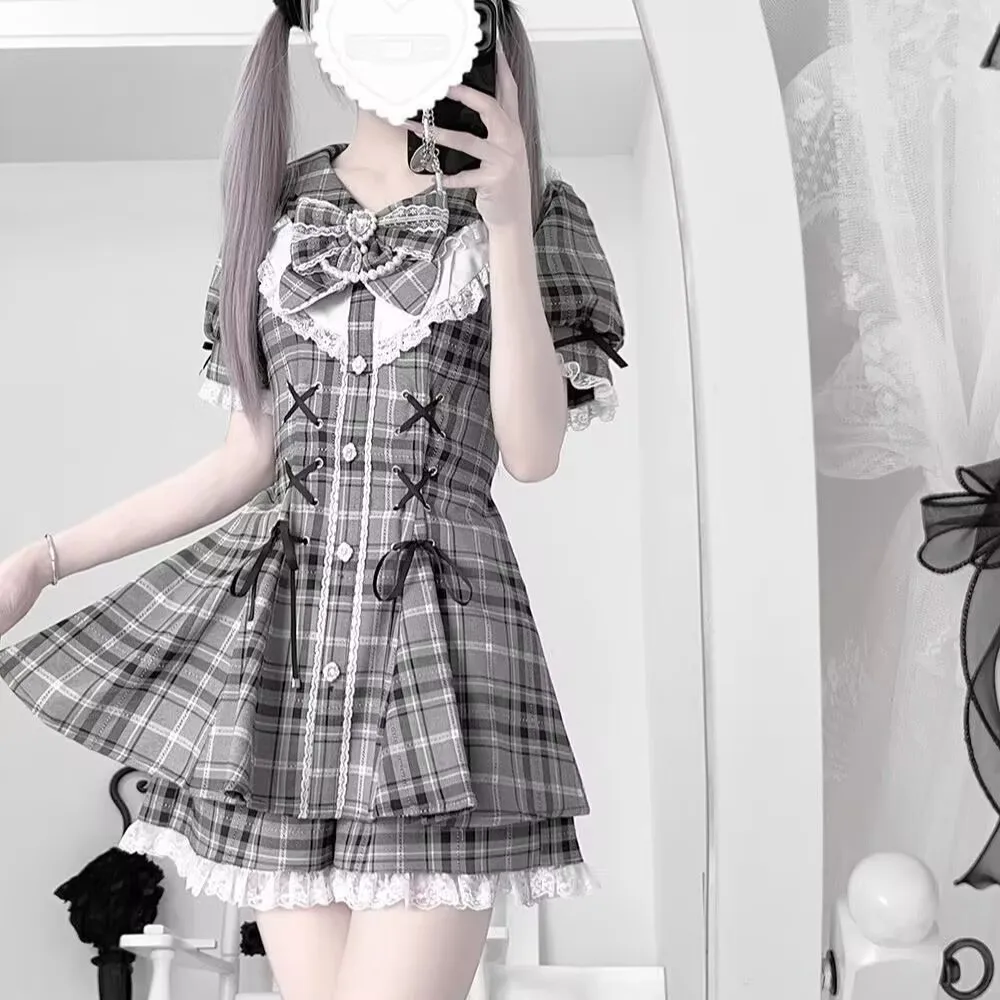 Kawaii Short Sleeve Skirt Sets Women Y2k Aesthetic Slim High Waist New Dress Suit Gray Check Chic College Style 2 Piece Outfits