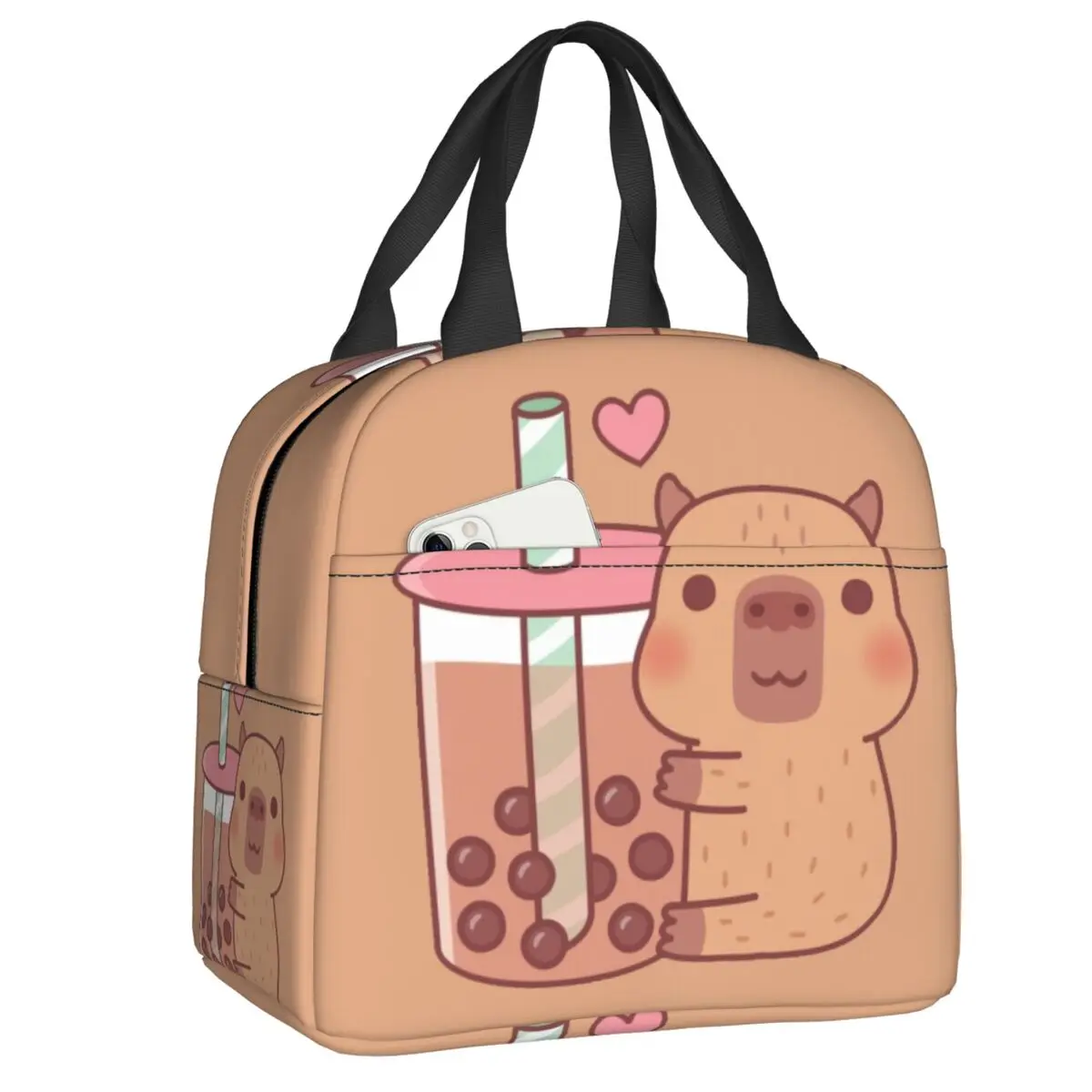 Custom Cute Little Capybara Hugs Bubble Tea Insulated Lunch Bags Women Portable Cooler Thermal Food Lunch Box Work School Travel