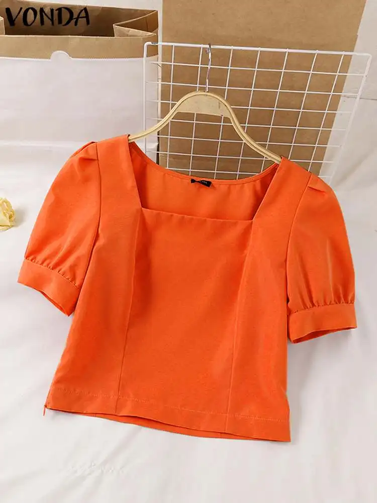 VONDA Women Shirts Blouse Sexy Square Collar 2024 Short Sleeve Solid Color Blusas Elegant Tops Casual Blusas Femininas