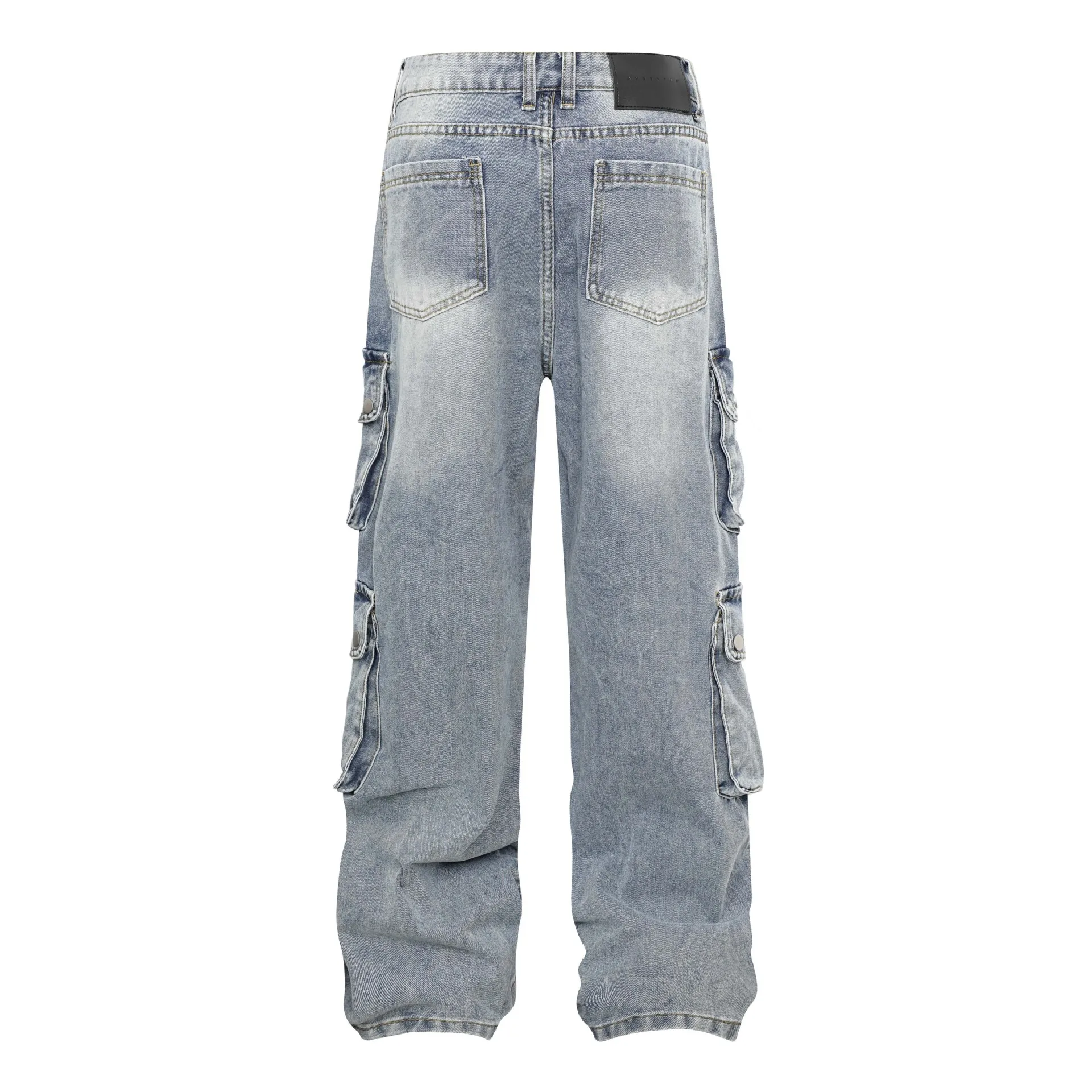 Men's Fashion Vibe Style Cargo Jeans Pants With Multi Pockets Loose Fit Workwear Washed Vintage Denim Trousers Baggy Jeans