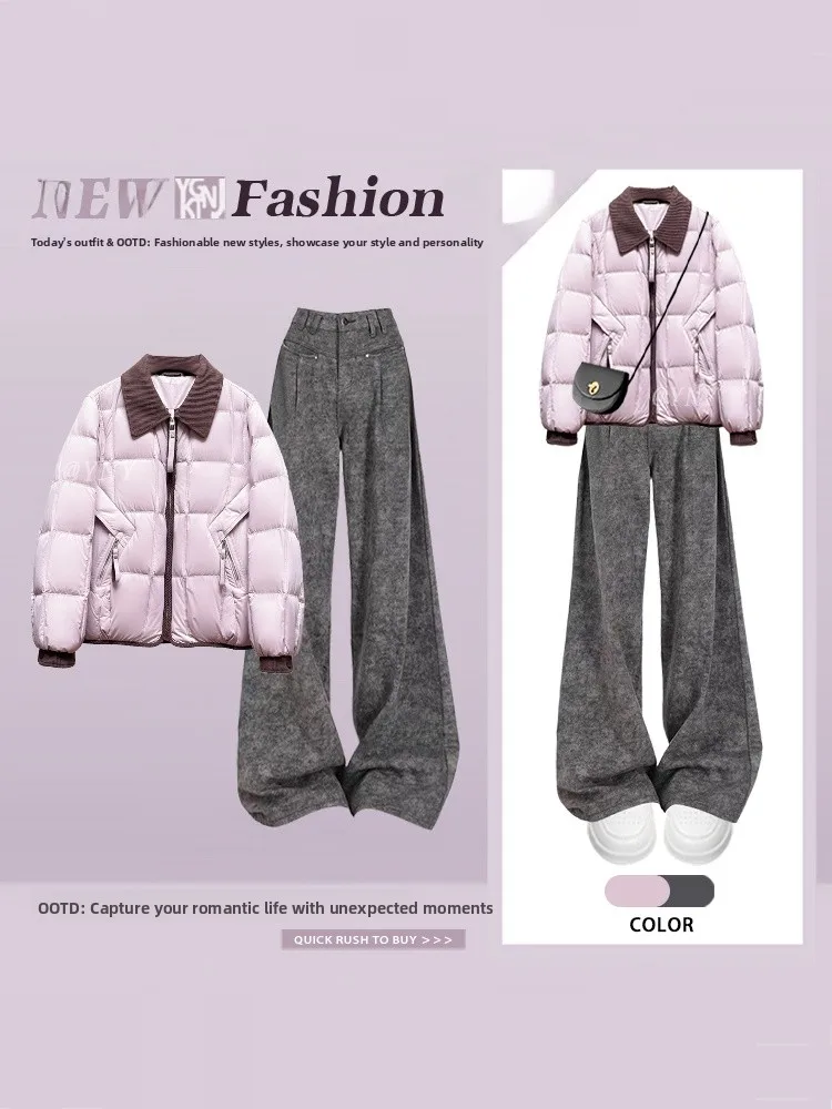 Ensemble Jaet et pantalon ample en coton chaud pour femmes, en violet, ort Sle, tenue décontractée, pantalon taille haute, automne hiver