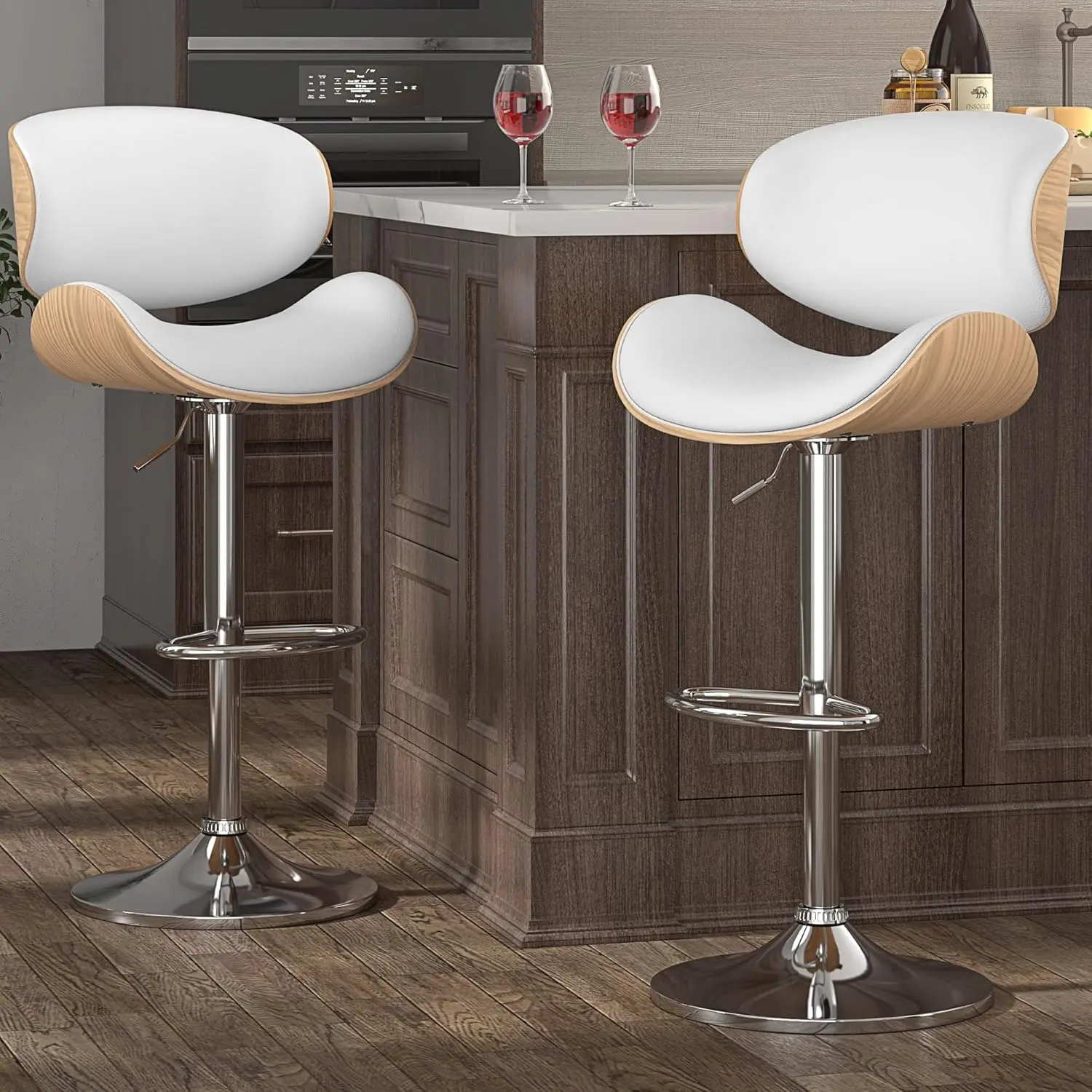 

Bar Stools Modern Pu Leather Adjustable Swivel Barstools, Kitchen Counter Bar Stool Island Barstool With Ba Set Of 2, Snow