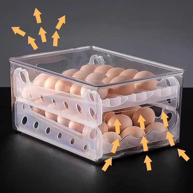 Egg Dispenser For Refrigerator Roll Down 2 Tier Egg Rack For Refrigerator Fridge Egg Organizer Space-Saving Egg Tray Transparent