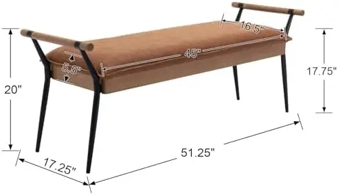 Modern Rectangle Ottoman Bench with Arms and Metal Legs, Mid Century PU Dining Table Bench Footstool Entryway Shoe