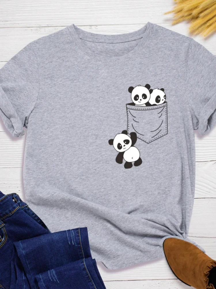 Pocket Panda Print Women T Shirt Short Sleeve O Neck Loose Women Tshirt