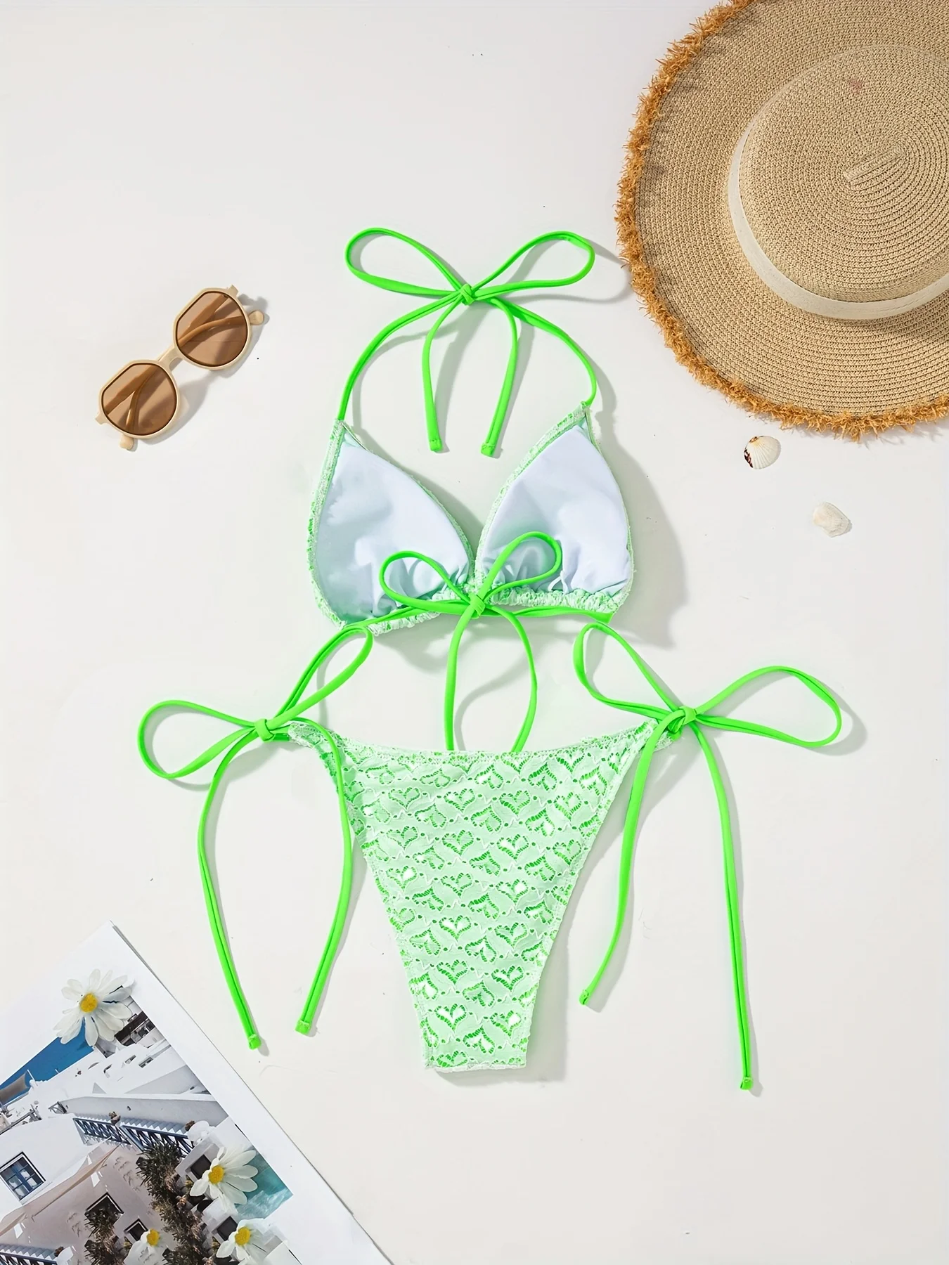 2026 New Women's Green Heart Lace Bikini Set Sexy Tie Side Triangle Swimsuit Two Piece Bathing Suit - Image 2