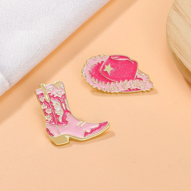 Cute Cartoon Pink Cowboy Hat Horseshoe Boot Enamel Alloy Brooch Casual Badges Pins DIY Clothing Bags Hat Scarf Jeans Accessories