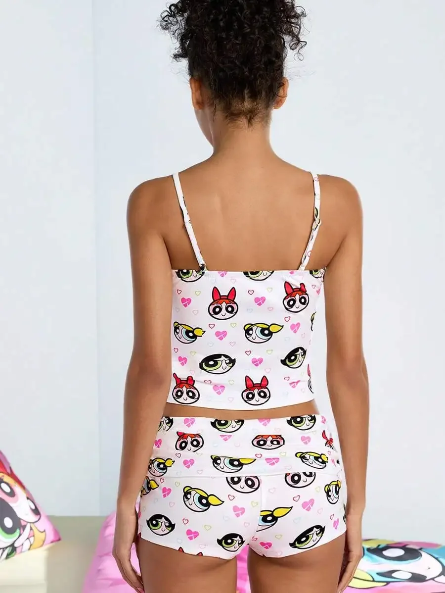 Women Cartoon Print Camisole Top And Shorts Pajama Set White Heart Pattern Y2K Cute Casual