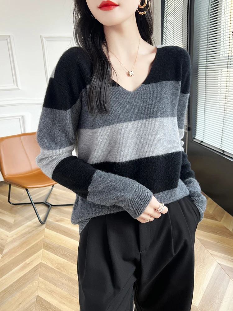 100% Pure Wool Sweater Women's V-Neck Loose Knit Pullover Fashion Color Match Striped Blouse Autumn Winter All-Match Base Shirt