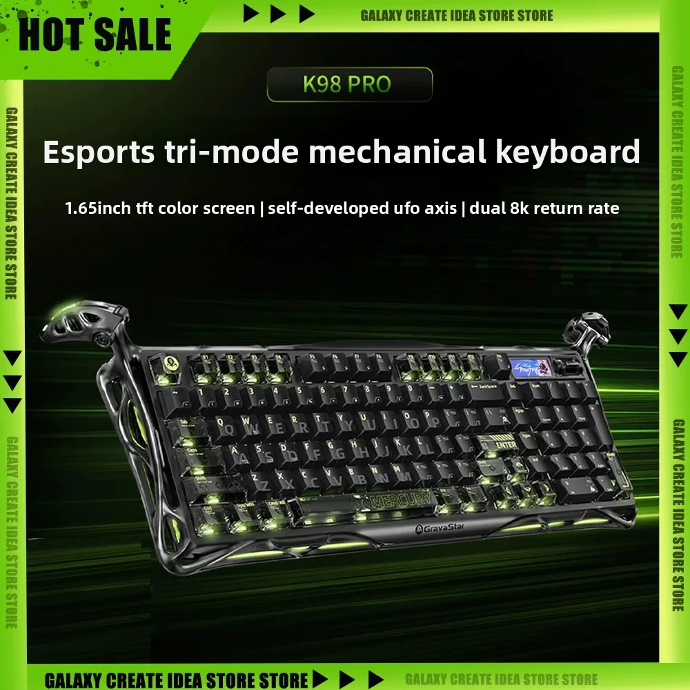 Teclado Mecânico Sem Fio GravaStar K98PRO Ghost com Tela TFT Dupla de 1.65 Polegadas 8K e Eixo UFO para Jogos de eSports - Presente Ideal