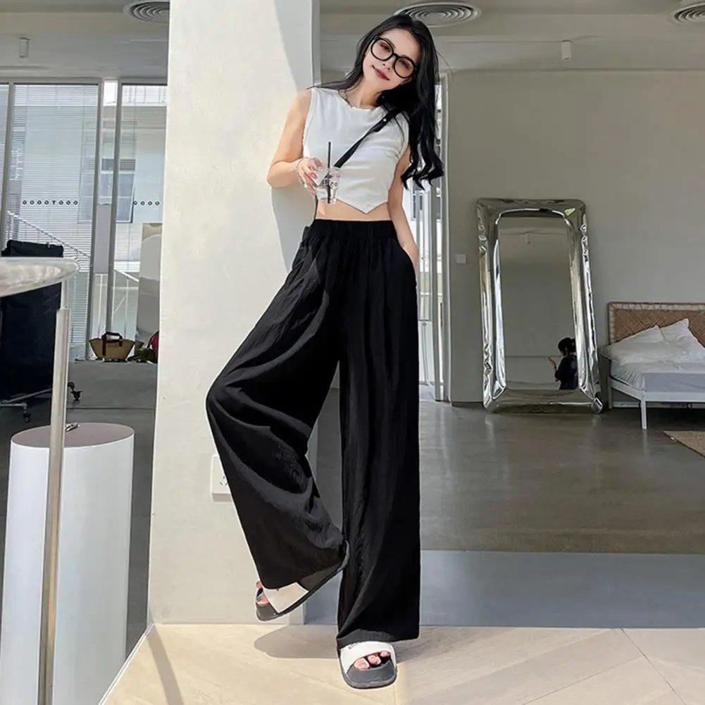 

Elastic Waist Trousers Elegant Wide Leg Pleated Trousers for Women High Waist Solid Color Pants for Work Leisure Pleated Style