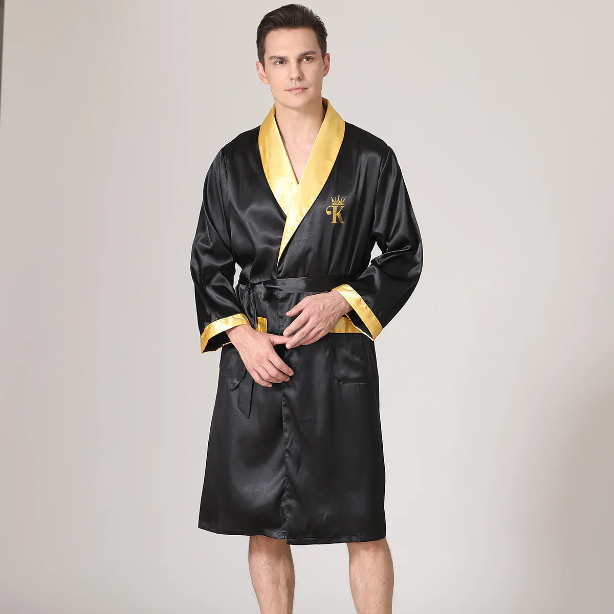 Mens Silky Satin Bathrobe With Belt Long Sleeve Lapel Night Robe Sleepwear Soft Loungewear With Pockets Plus Size Dressing Gown