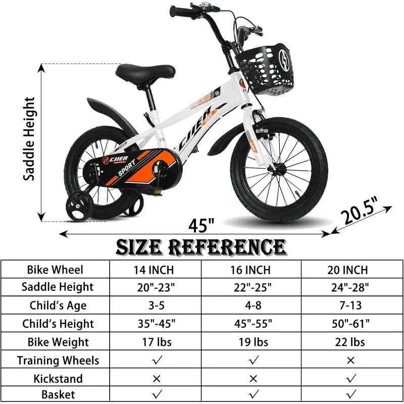 Bicicleta infantil de 14 polegadas com rodas de treinamento/suporte para idades de 3 a 12 anos, bicicleta esportiva, opção de cores múltiplas