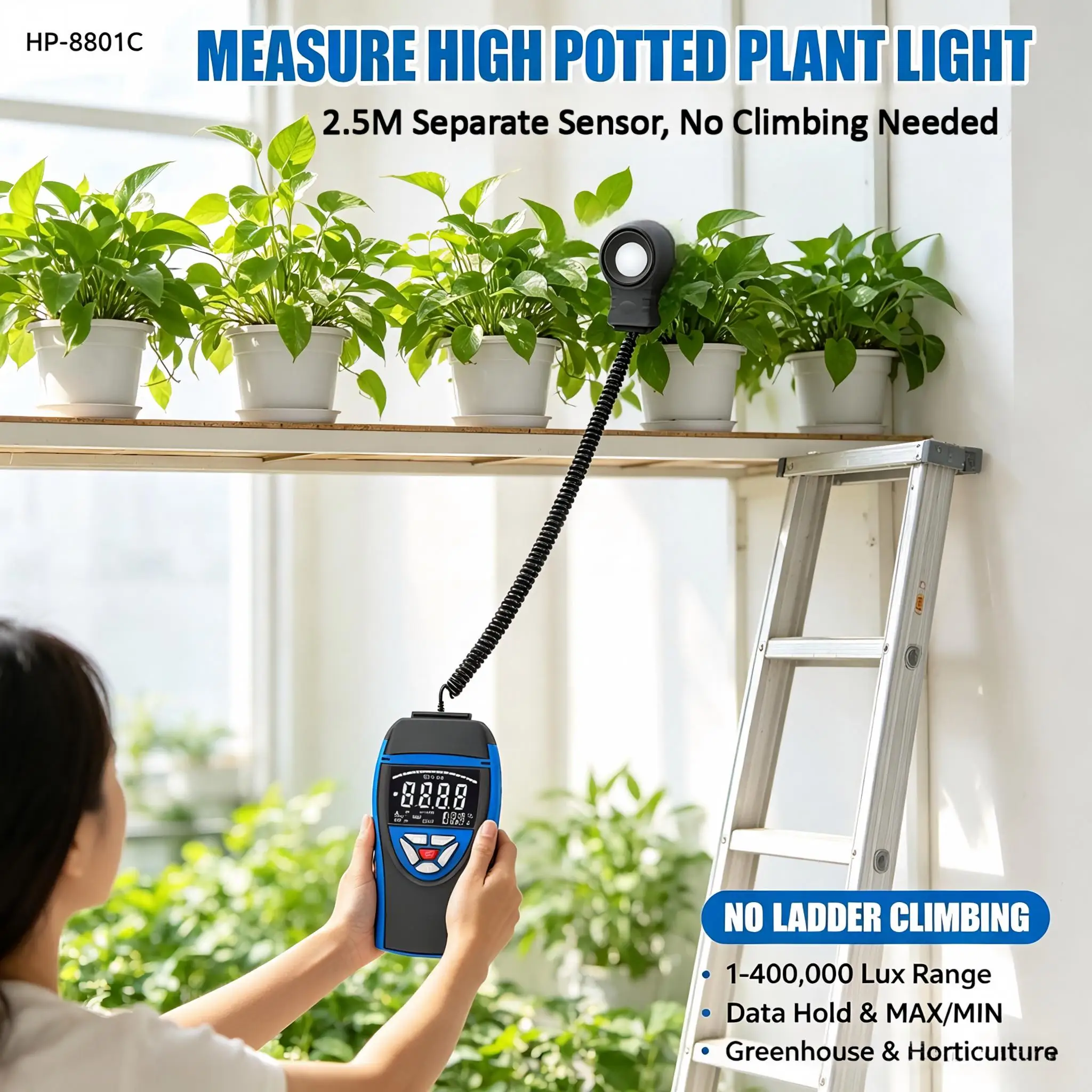 2.5m Cable Lux Meter 400k Lux 0.1Resolution ±4% Accuracy Remote Sensor for High Fixed Point Daily Check with Record & Hold