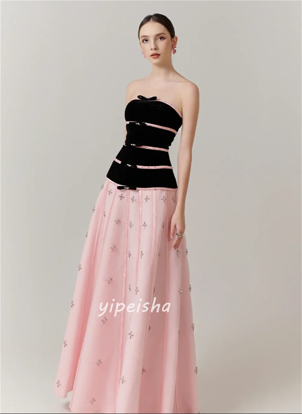 Customized High Quality Women Jersey Rhinestone Bow A-line Evening Dresses Formal Strapless Sleeveless Floor Lenght Prom Dresses image 3