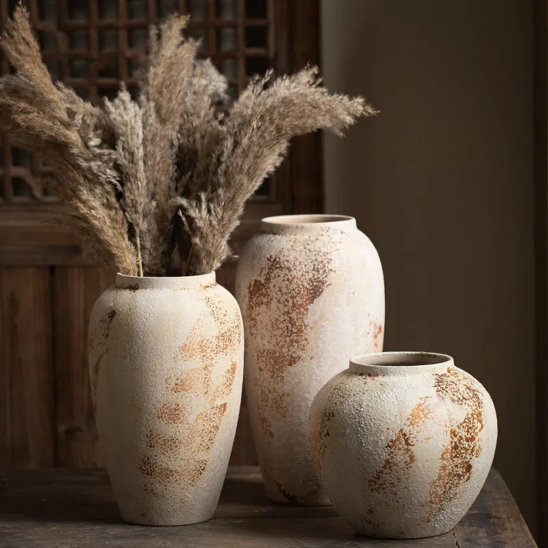 Mottled Retro New Chinese Pottery Vase Wabi-Sabi Style Decoration Entrance Flower Arrangement Hydroponic Ceramic Vase
