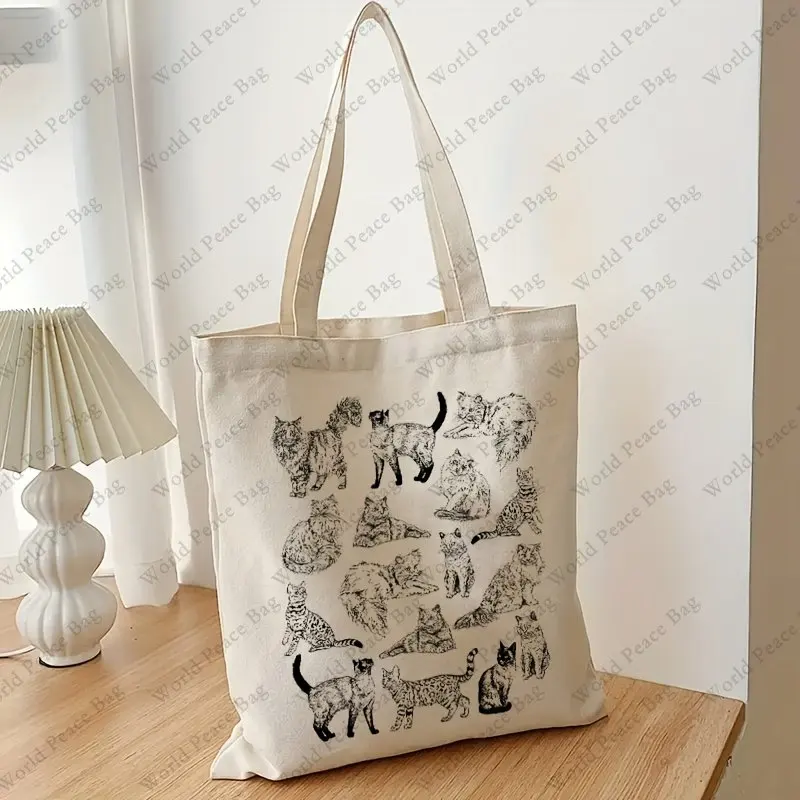 Cute Cat Pattern Canvas Tote Bag, Simple Eco Shopper Bga Versatile Lightweight Storage Bag Beach Bag Tote Bags for Women