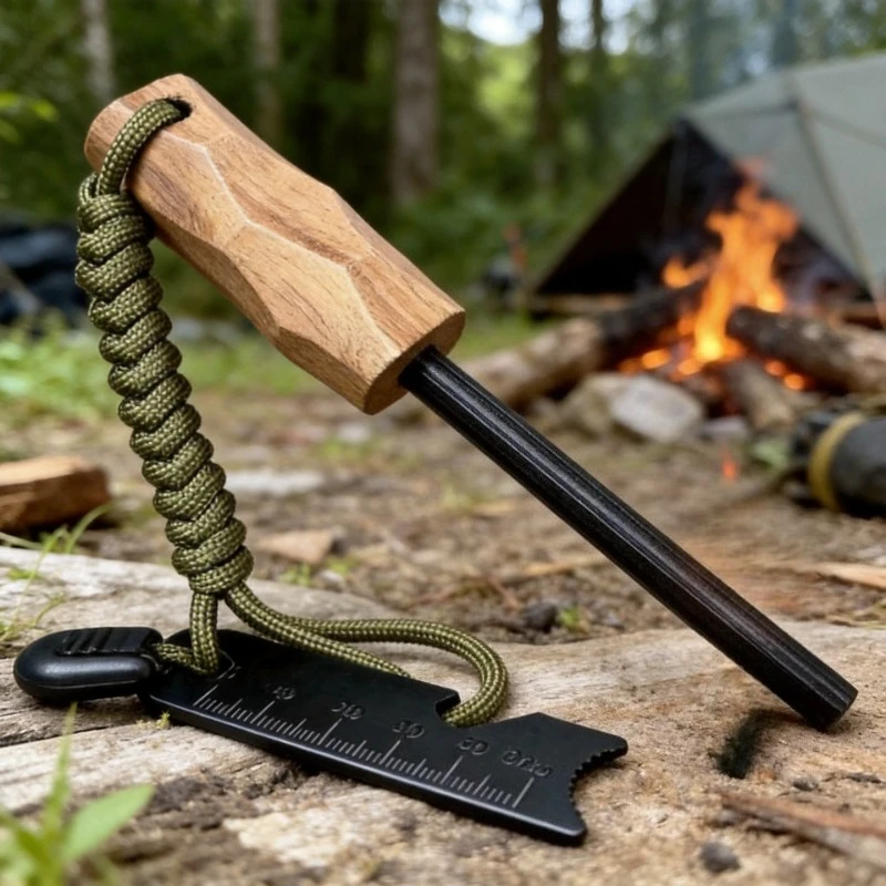 Ferro Rod Striker - قضيب نار سداسي الشكل بمقبض خشبي