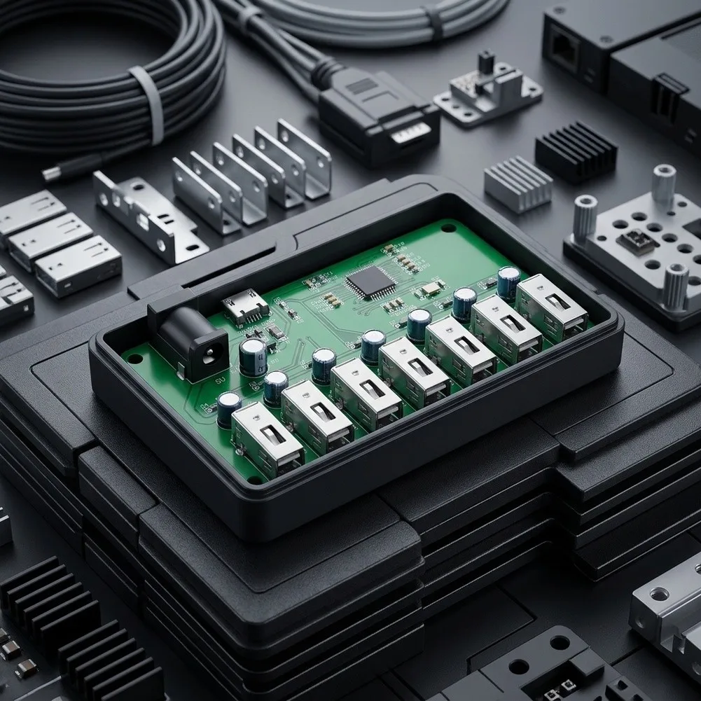 7-Port USB 2.0 Hub Module for Multi-Peripheral Setup on PCs with Real-Time LED Monitoring and Power Optimization