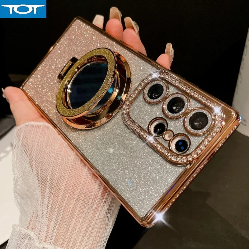 

Для Samsung Galaxy S23 Ultra Роскошный блестящий зеркальный держатель с вспышкой и ромбовидной рамкой Чехол для телефона Samsung S22 S24 Plus Cover