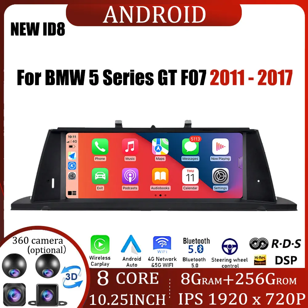 10.25'' Android OS ID8 For BMW 5 Series GT F07 2011-2017 CIC NBT System CarPlay Wireless Auto Stereo Radio Multimedia Navigation