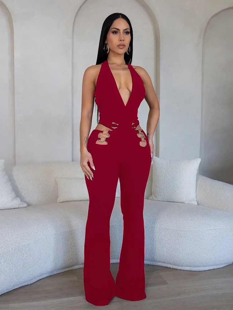 ホルターネックジャンプスーツワイドレッグ女性の夏服低背中の開いたジャンプスーツカットアウトウエストセクシーなジャンプスーツ卸売ドロップシッピング