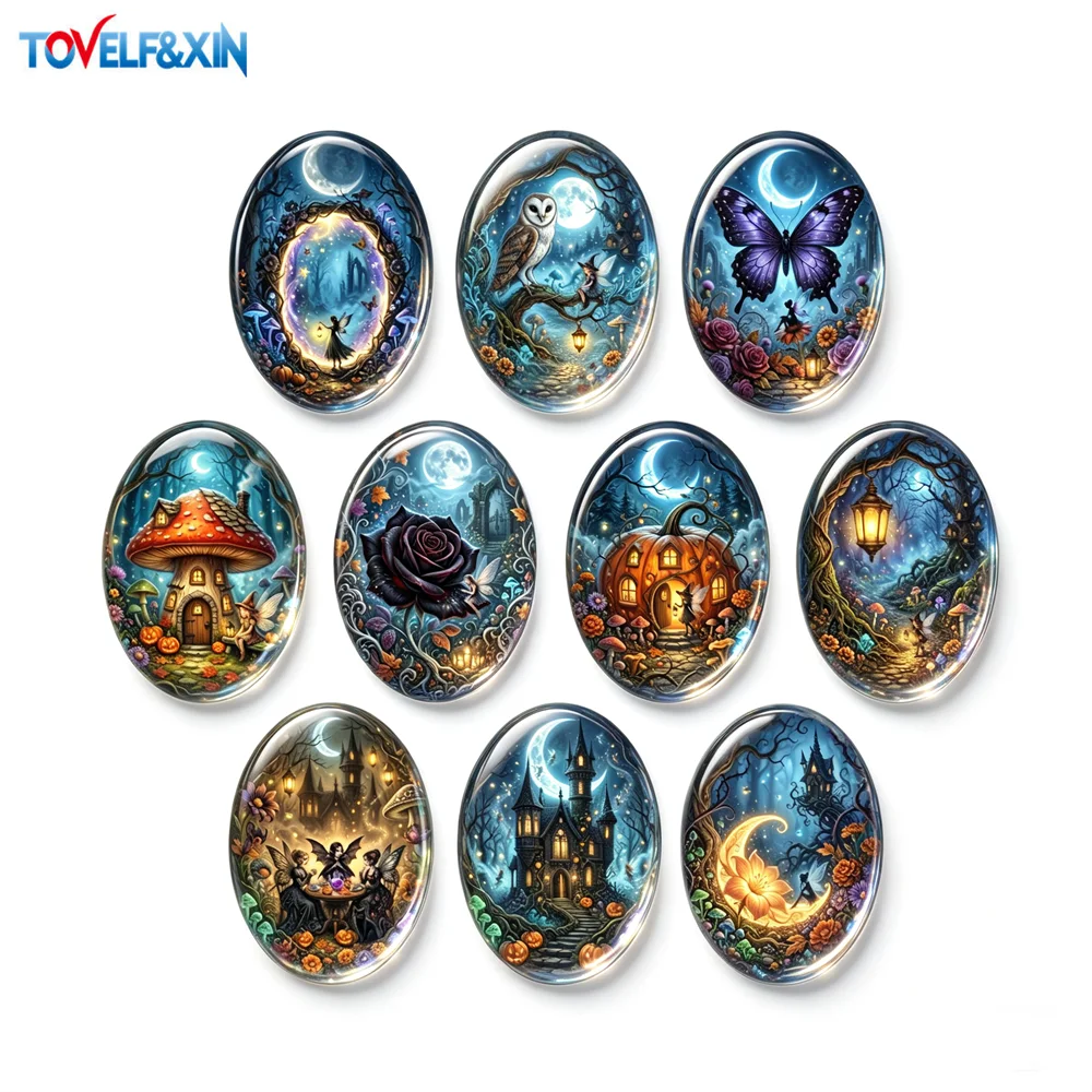 10 pcs Halloween Oval Glass Cabochon 18x25mm Dark Fairy Gothic Mushroom Butterfly Pumpkin DIY Jewelry Making Craft Supplies
