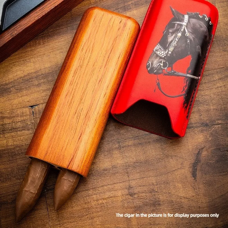 

Cigar Leather Case with Horse Head Pattern Calfskin and Cedar Wood Two-Slot Portable Cigar Case