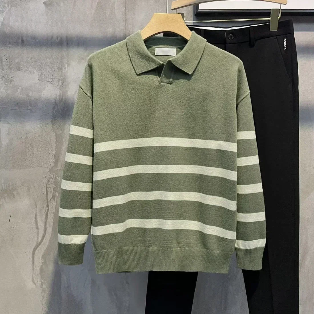 Men's Clothing Polo Striped Pullovers Knit Sweater Male Japanese Harajuku Fashion Beige Maletry Elegant Long Sleeve 100% New In