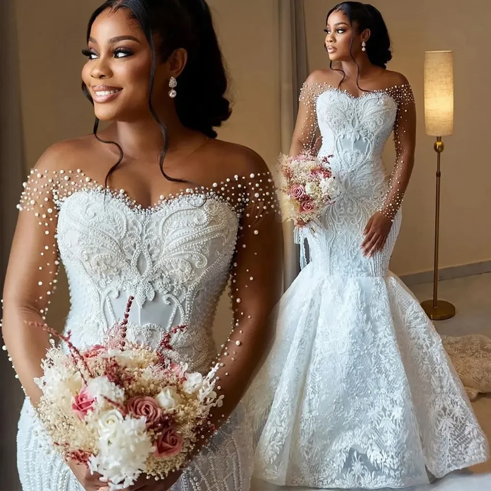 

Customized 2025 Women's Mermaid Wedding Dress Bridal Dress Naked Neck Phantom Long Sleeve Beaded Lace Wedding Dress Back Button