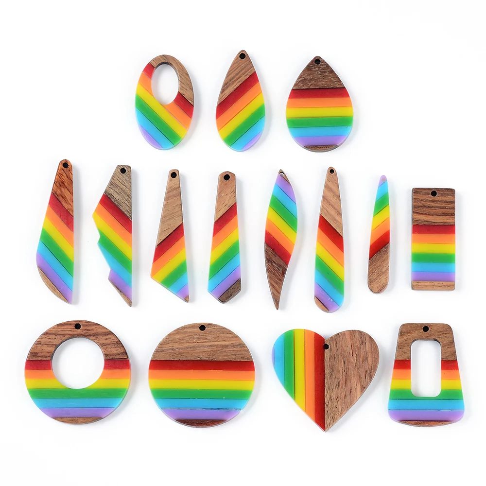 6PCS Rainbow Resin Wood Pendant Set with Earring Hook and Open Jumping Ring, Suitable for Women to DIY Dangerous Earrings