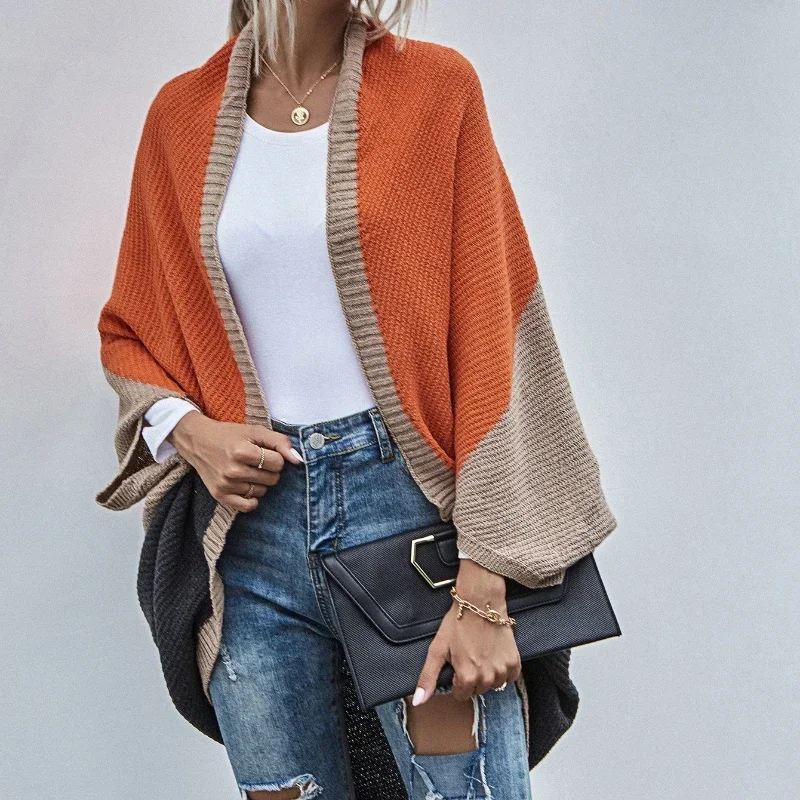 Cloak Long Cardigan Knit Sweater Women Jumpers Colorblock Spring Autumn Winter Maxi Coat Soft Coat Long Knitted Jacket Cardigan