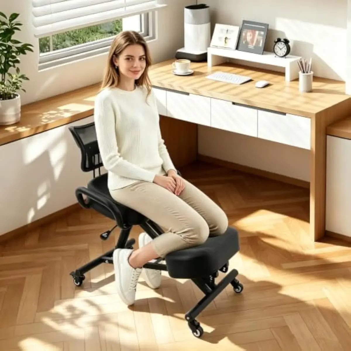 Ergonomic kneeling seat with supportive backrest adjustable height and tilt angle thick cushioned pads non-slip locking casters
