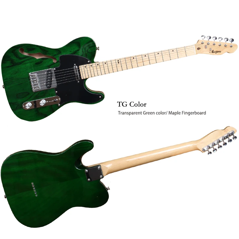 In Stock Acepro F hole Electric Guitar Transparent Green Color 20mm Solid ASH Body Reinforcemented Neck, High Quality Guitarra